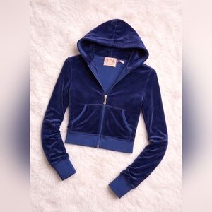Juicy Couture Velour Zip Hoodie Navy Blue Fitted Cropped Jacket Y2K Luxury - S